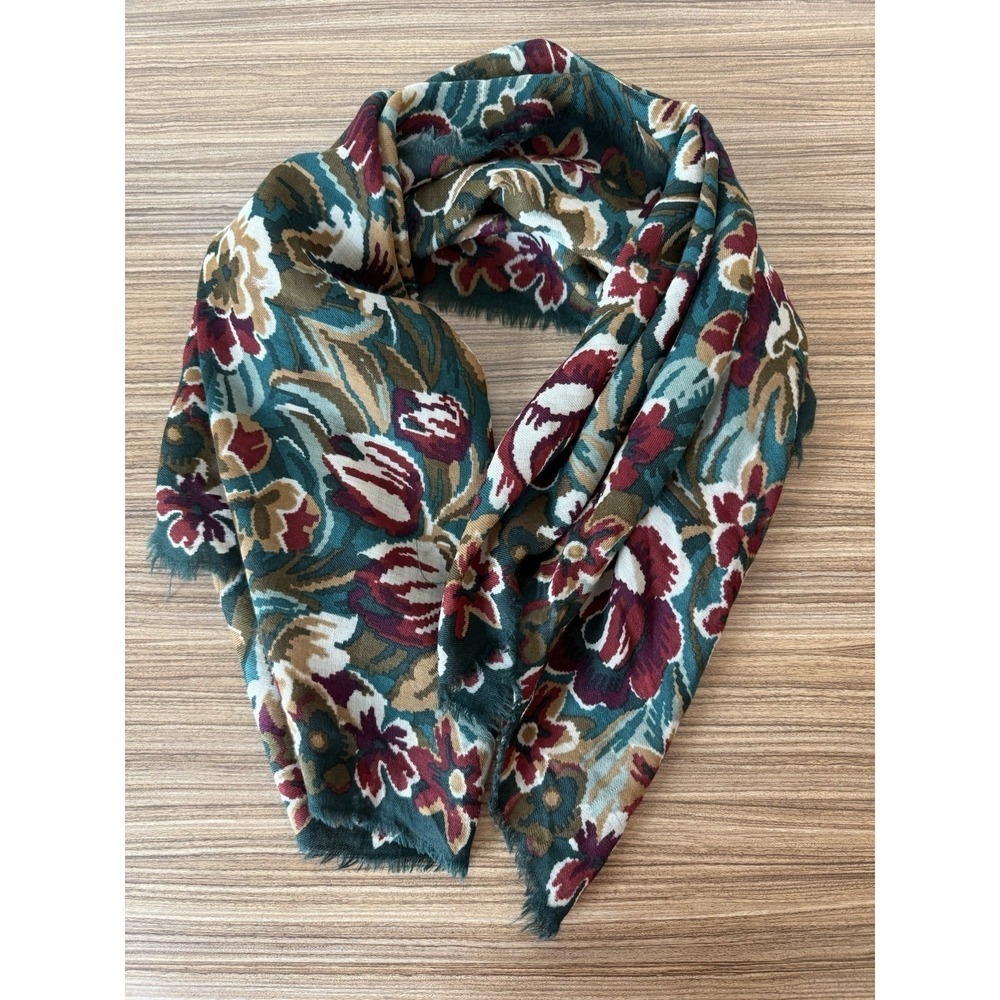 Vintage Dark Floral 100% Wool Green Moody Heritage Romantic Scarf Wrap Tie